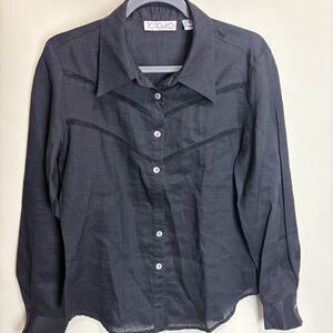 Toto N Ko Women’s Black Linen Western Style Button Front Shirt Lace Inset Sz 10